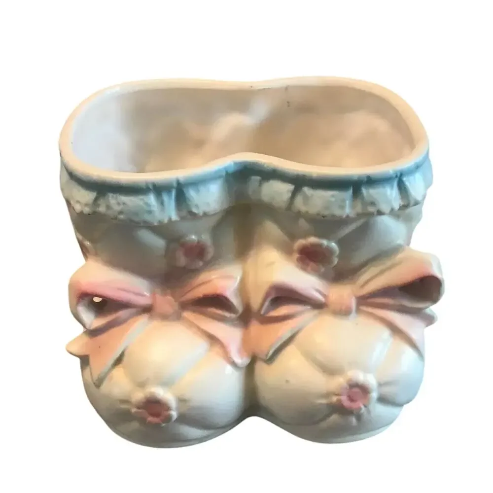 Vintage INARCO Baby Booties Planter Pink Bows Flowers E4570 Japan Nursery